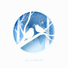 Hello winter 3d abstract pastel paper cut illustration of snow and two birds in the forest. Vector template