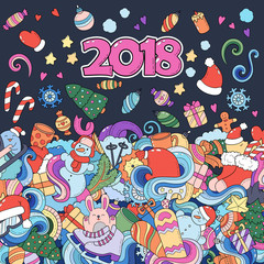 Doodle Cartoon Christmas New Year Card. Color card hand lettering 2018. Vector hand drawn comic illustration. Winter sport