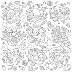 Doodle vector illustration, abstract background, texture, pattern, wallpaper, Collection of New Year Christmas elements and objects set. Freehand sketch for adult anti stress coloring book.