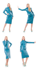 Obraz premium Woman pressing virtual button isolated on white