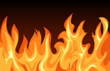 Fire flames on dark background, illustration.