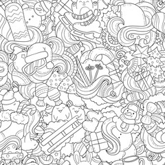Doodle vector illustration, abstract background, texture, pattern, wallpaper, Collection of New Year Christmas elements and objects set. Freehand sketch for adult anti stress coloring book.