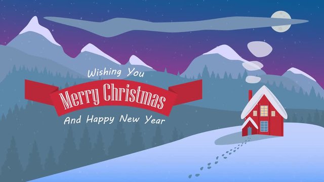 Simple Christmas night landscape. Flat illustration of lonely village in snowy mountain under the moonshine. Vintage style wishing a Mery Christmas 