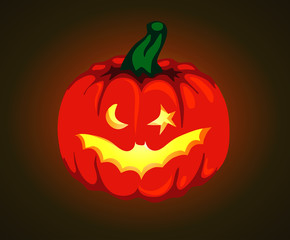Halloween pumpkin with cut out bat, moon and star, vector illustration