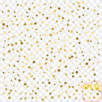 Abstract pattern of random falling gold stars. Glitter template for banner, greeting card, Christmas and New Year card, invitation, postcard, paper packaging. Vector illustration.