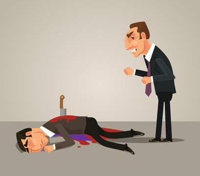 Jealous office worker businessman kill by knife his colleague. Bad teamwork concept. Vector flat cartoon illustration 
