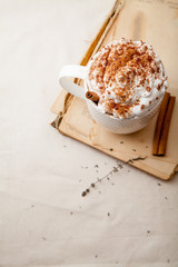 Cup of cocoa with cinnamon, whipped cream and chocolate. Textile background. Scandinavian winter concept.
