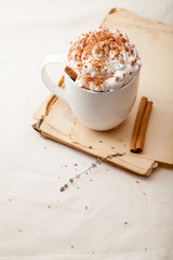 Cup of cocoa with cinnamon, whipped cream and chocolate. Textile background. Scandinavian winter concept. Vertical composition.