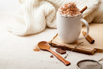 Cup of cocoa with cinnamon, whipped cream and chocolate. Textile background. Scandinavian winter concept. Horizontal composition with copy space.