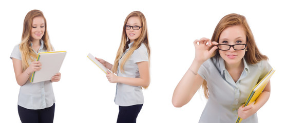 Young student with books on white