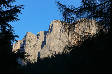 Landscape with green forest, mountains and blue sky.