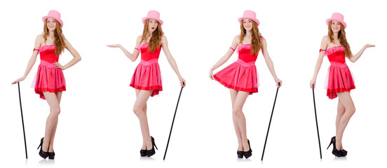 Pretty young wizard in mini pink dress isolated on white