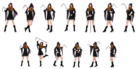 Young witch with scythe isolated on white