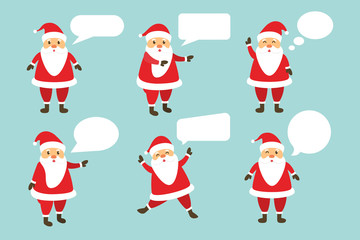 Vector set of cartoon isolated Santa Claus character with speech bubbles for decoration and covering on the bright background. Concept of Merry Christmas and Happy New Year.