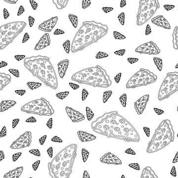 Abstract seamless pizza pattern for girls or boys. Creative vector background with italian pizza. Funny wallpaper for textile and fabric. Fashion pizza style. Monochrome, black and white picture