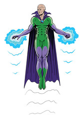 Super Hero Flying in Full Color is an illustration of a super hero in cape and costume flying by means of power emanating from his hand and fist.