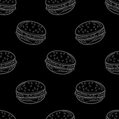 Abstract seamless burger pattern for girls or boys. Creative vector background with a burger, hamburger cute eyes. Funny hamburger pattern for textile and fabric. Fashion style. Monochome black, white