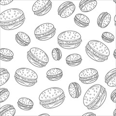 Abstract seamless burger pattern for girls or boys. Creative vector background with a burger, hamburger cute eyes. Funny hamburger pattern for textile and fabric. Fashion style. Monochome black, white