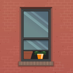 Window with plant pots in brick wall. Vector flat illustration.