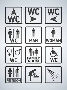 WC Toilet door plate icons set. Men and women WC sign for restroom. Bathroom plate.