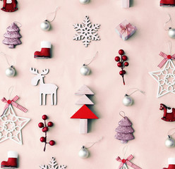 Christmas decorative ornaments and gifts on pastel background in vintage color