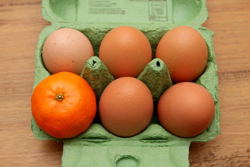 Satsuma, or small orange, in an egg carton, alone with five eggs. Odd one out concept.