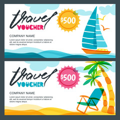 Vector gift travel voucher template. Tropical island, yacht, sailing boat and palms illustration. Concept for summer vacation and travel agency. Banner, coupon, certificate or flyer layout.