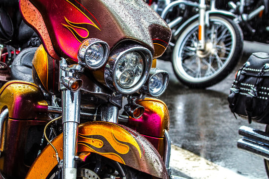 Motorcycle in drops of water. Motorcycle in the rain.