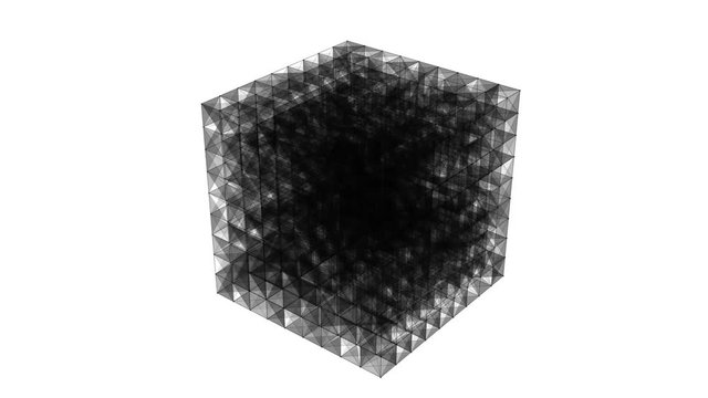 decaying and collecting 3d cube of particulate matter. on a white background