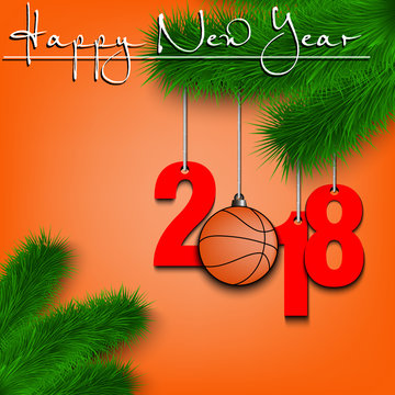 Basketball balls and 2018 on Christmas tree branch