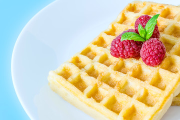 Sweet toast waffles with raspberries and a sprig of mint leaves on top on a white plate close-up macro on a blue background