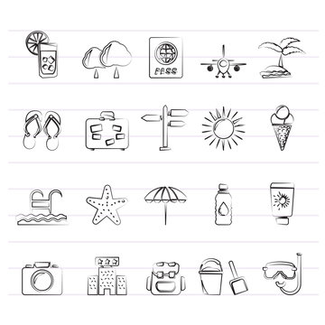 summer, vacation and beach icons - vector icon set