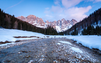 Beautiful sunset in Val Veneggia valley, Trentino, Dolomites, Italy