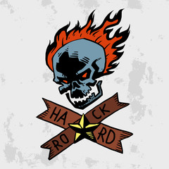 Heavy rock music badge vector background vintage label with punk skull symbol hard sound sticker emblem illustration