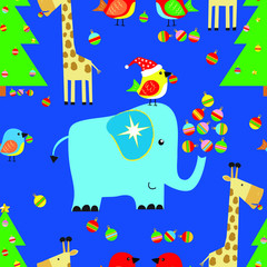 Elephant, giraffe and cute birds decorated christmas tree. Seamless pattern.