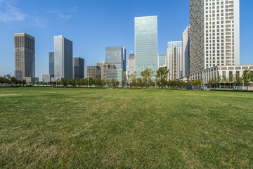 Obraz premium cityscape and skyline of Tianjin from meadow in park