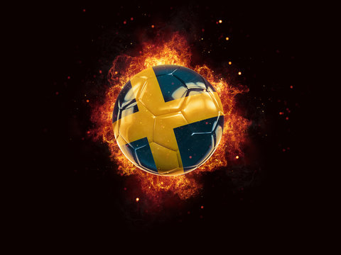Football in flames with flag of sweden