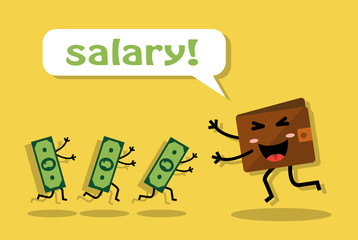 paper money goes to a happy wallet that rejoices in wages