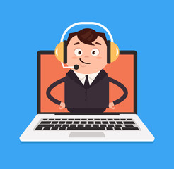 Fototapeta na wymiar Happy smiling call canter manager help. Vector flat isolated icon cartoon illustration