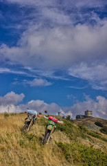 Enduro journey with dirt bike high in the mountains