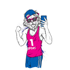 Leo with a beautiful male body. The sports guy strained his biceps doing selfie. Vector illustration for a postcard or a poster, print for clothes. Sports, clothing and accessories.