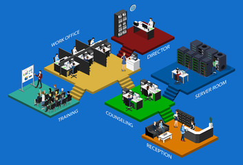 Isometric vector illustration flat 3d office interior departments concept vector.