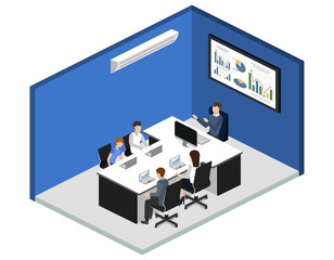 Isometric 3D illustration set Interior of department conference with workplaces