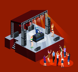 Isometric 3D vector DJ party on stage behind the remote control