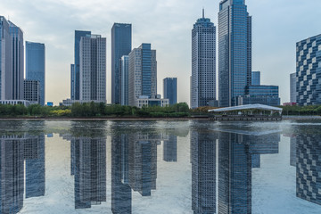 Tianjin city waterfront downtown skyline,China..