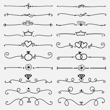 Set Of Decorative Calligraphic Elements For Decoration. Handmade Vector Illustration.