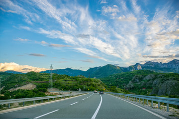 A picturesque journey along the roads of Montenegro among rocks and tunnels. The river Moraca.