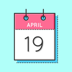 April Calendar Icon. Flat and thin line vector illustration. Spring calendar sheet on light blue background. April 19th. Day of Snowdrop
