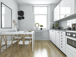 3d rendering scandinavian vintage kitchen with dining table
