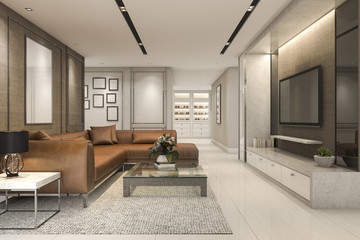 3d rendering luxury and modern living room with leather sofa